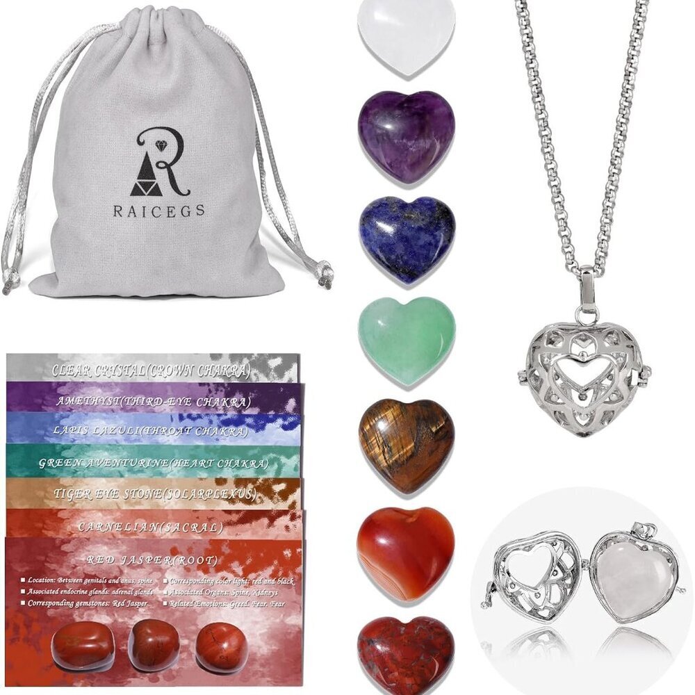 Heart Shaped Crystals and Healing Stones 7 Chakra Crystal Necklace 0.8 inch Hear